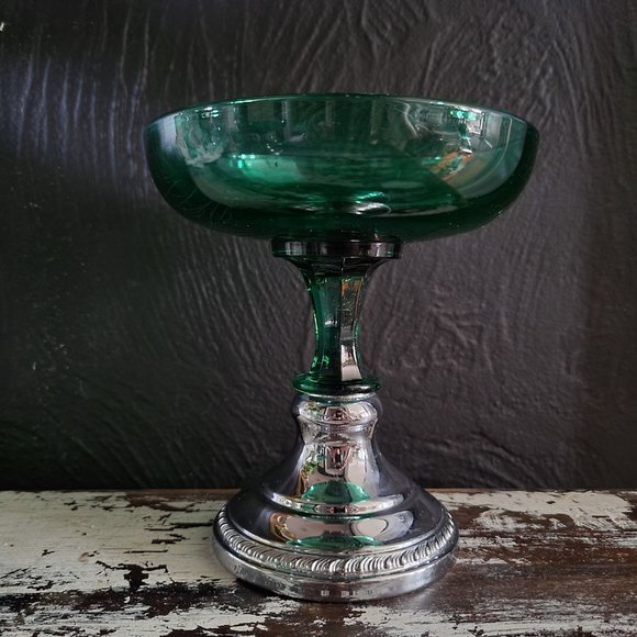 Vintage Farber Krome Kraft Green Glass Compote / Candle Holder Screw on Base - Picture 1 of 11